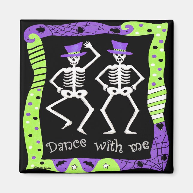 Black White Halloween Skeleton Bones Dance Magnet (Framsidan)