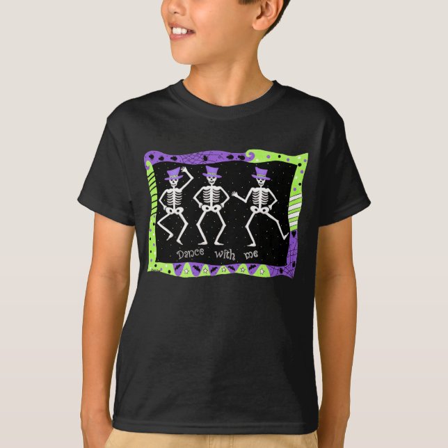 Black White Halloween Skeleton Bones Dance T-shirt (Framsida)