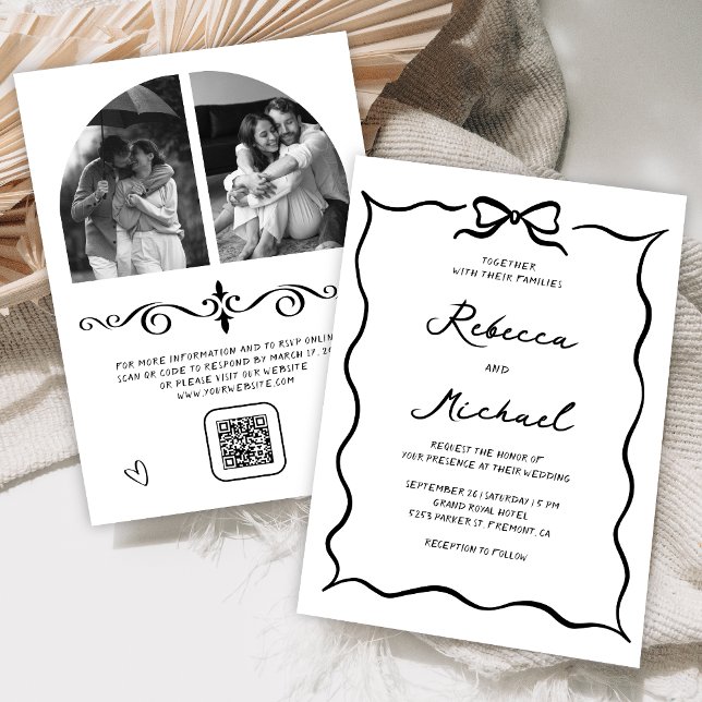 Black & White Hand Drawn Bow QR Code Photo Wedding Inbjudningar (Skapare uppladdad)
