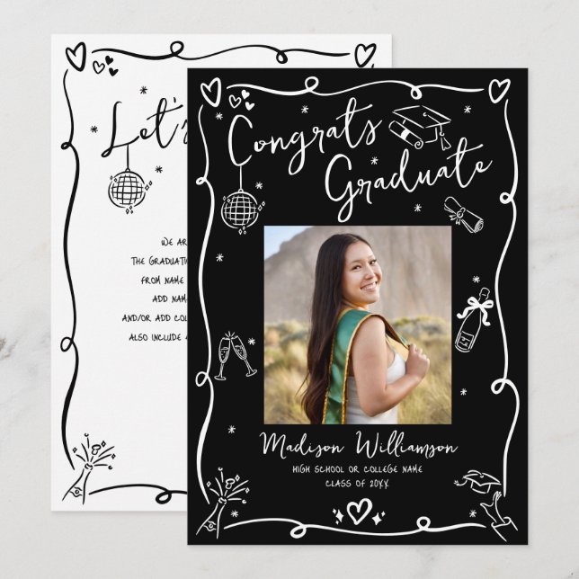 Black White Hand Drawn Doodle Style Graduate Photo Meddelande (Fram/baksida)