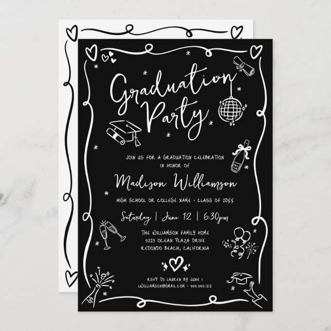 Black White Hand Drawn Doodles Graduation Party Inbjudningar (Fram/baksida)