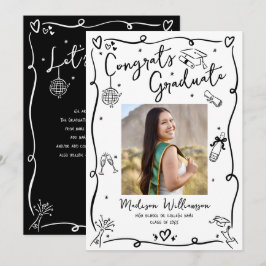 Black White Hand Drawn Doodles Graduation Photo Meddelande