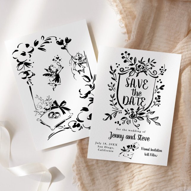 Black & White Hand Drawn Wedding Save The Date Inbjudningar (Skapare uppladdad)
