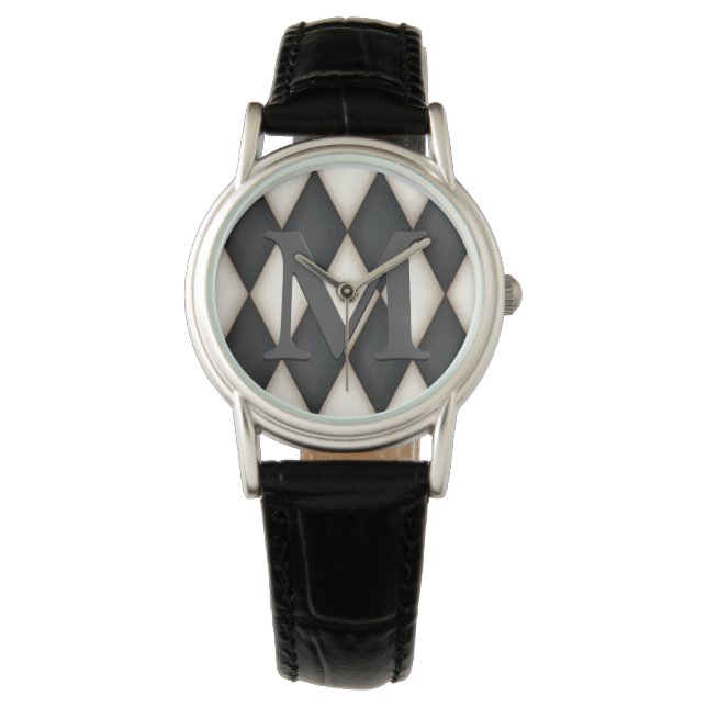 Black & White Harlequin Check Elegant 3-D Monogram Armbandsur (Framsida)