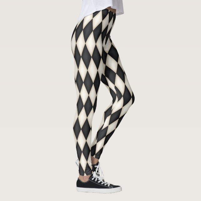 Black & White Harlequin Diamond Check Pattern  Leggings (Höger)