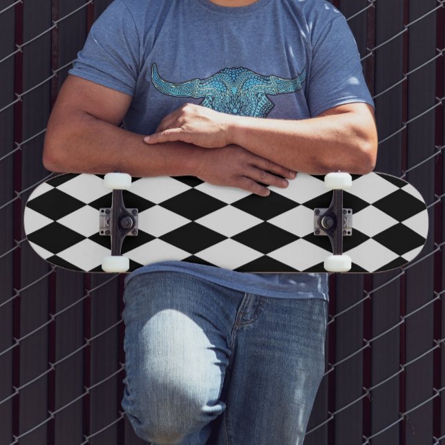 Black White Harlequin Diamonds Mönster Design Mini Skateboard Bräda 18,5 Cm (Skapare uppladdad)