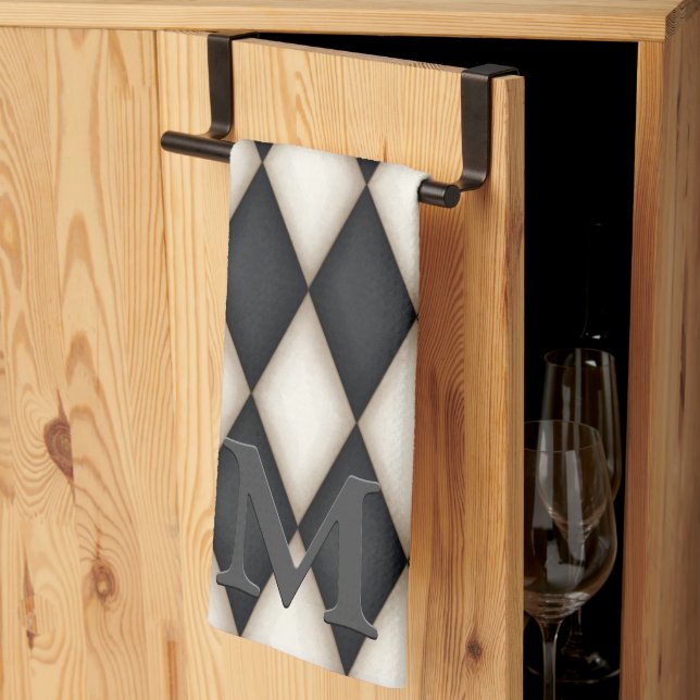Black & White Harlequin Dramatic 3-D Monogram Kökshandduk (Thirds Fold)