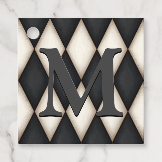 Black & White Harlequin Dramatic Custom Monogram Gåvor Etiketter (Framsida)