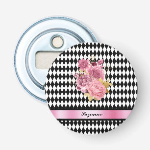 Black White Harlequin med Rosa Flower och Namn Flasköppnare