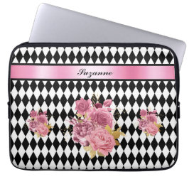 Black White Harlequin med Rosa Flower och Namn Laptop Fodral