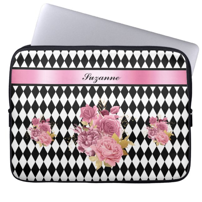 Black White Harlequin med Rosa Flower och Namn Laptop Fodral (Framsidan)