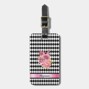 Black White Harlequin Mönster med Ro och Namn Bagagebricka