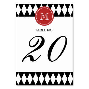 Black White Harlequin Mönster, Red Monogram Bordsnummer