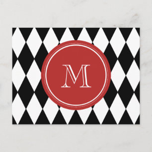 Black White Harlequin Mönster, Red Monogram Vykort