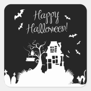 Black & White Haunged House Halloween Sticker Fyrkantigt Klistermärke