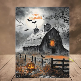 Black & White Haunted Barn Pumpkin Happy halloween Helg Vykort