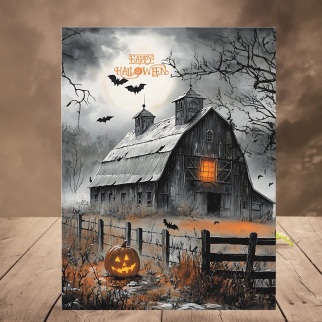 Black & White Haunted Barn Pumpkin Happy halloween Helg Vykort (Skapare uppladdad)