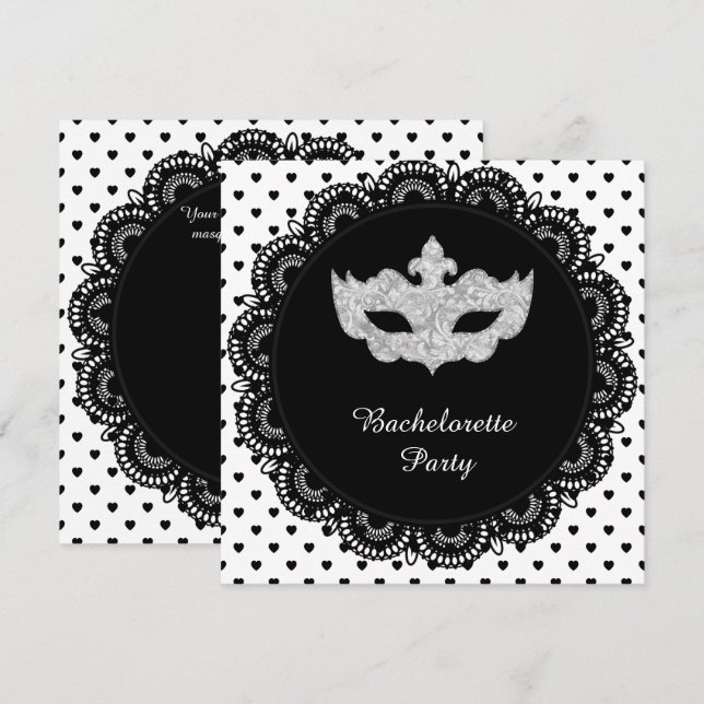 BLACK WHITE HEART BAHELORETTE MASQUERADE PARTY INBJUDNINGAR (Fram/baksida)