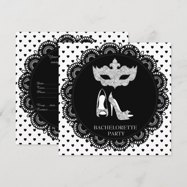 BLACK WHITE HEART BAHELORETTE MASQUERADE PARTY INBJUDNINGAR (Fram/baksida)
