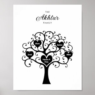 Black & White Heart-familjen Träd Poster