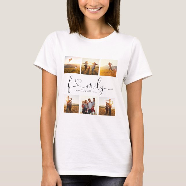 Black & White Heart Script 6 Photo Family Collage T Shirt (Framsida)