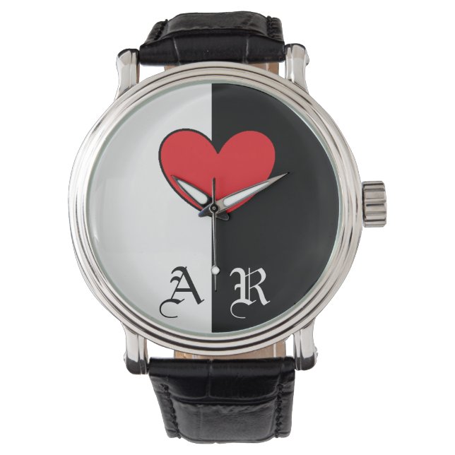 Black White Heart Watch med Initialer Armbandsur (Framsida)