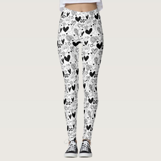 Black White Hearts Kärlek Leggings (Framsida)