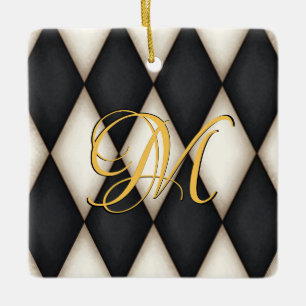 Black & White Herlequin Faux Antique Monogrammed Julgransprydnad Keramik