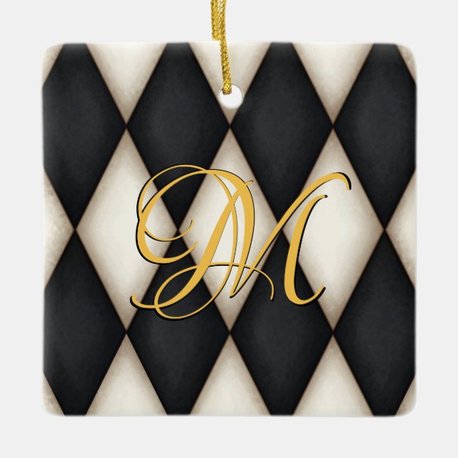 Black & White Herlequin Faux Antique Monogrammed Julgransprydnad Keramik (Framsida)