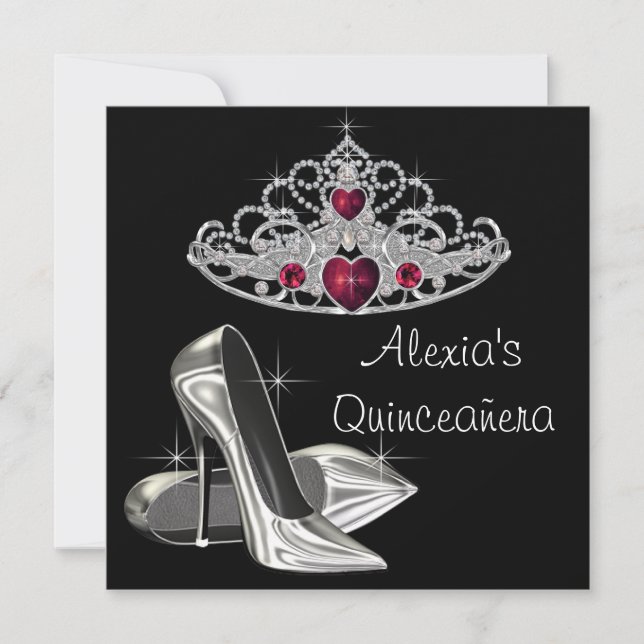 Black White Högklackars Red and Black Quinceanera Inbjudningar (Framsida)