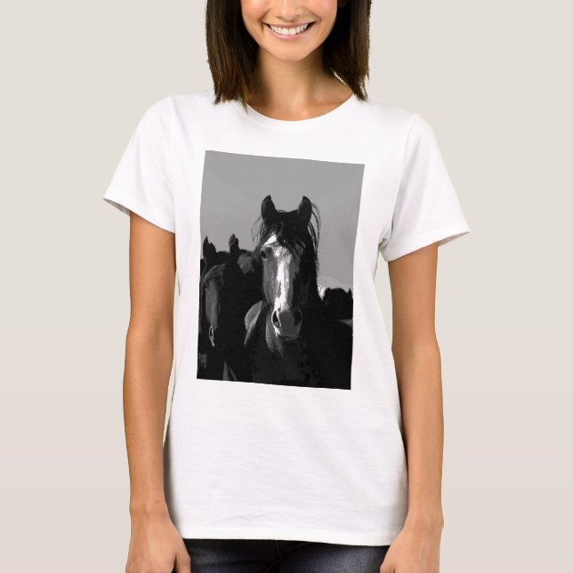 Black & White Horse Porträtt Tee (Framsida)