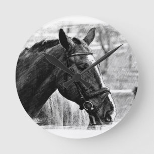 Black White Horse Sketch Rund Klocka
