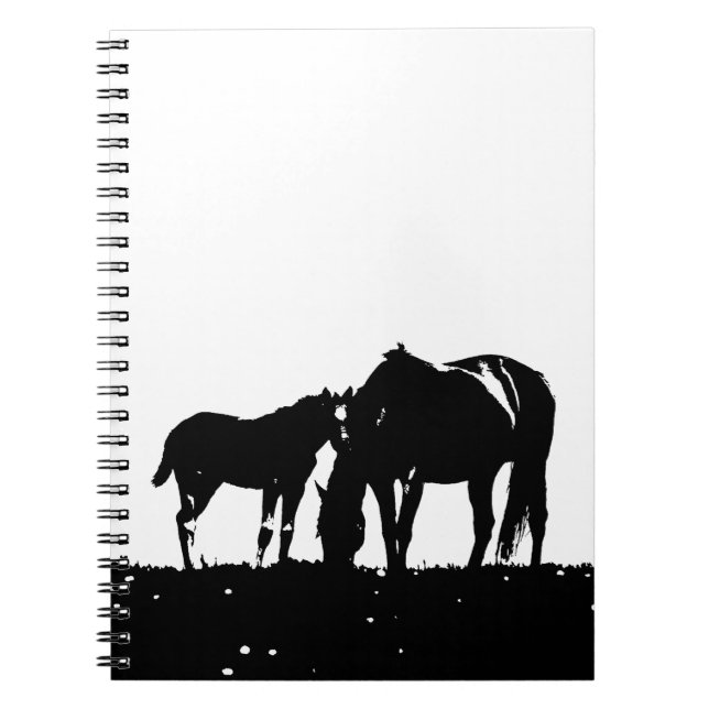 Black & White Horses Silhouette Anteckningsbok Med Spiral (Framsidan)