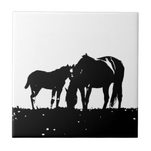 Black & White Horses Silhouette Kakelplatta