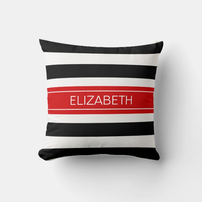 Black White Horz Preppy Rand Red Namn Monogram Kudde (Framsida)