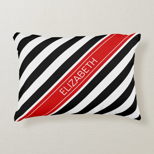 Black White Horz Preppy Rand Red Namn Monogram Prydnadskudde (Framsidan)