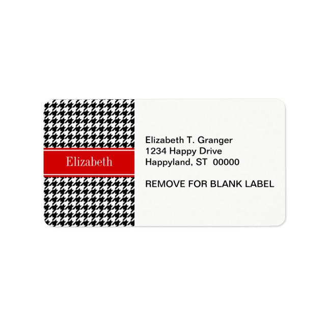 Black White Houndstooth Red Namn Monogram Adressetikett (Framsidan)