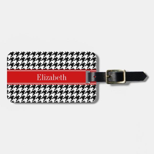 Black White Houndstooth Red Namn Monogram Bagagebricka (Horisontell Framsida)