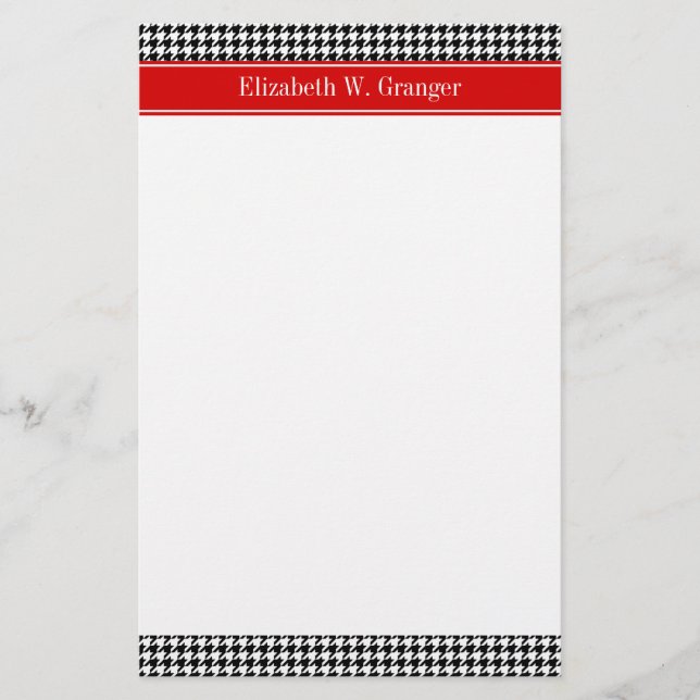 Black White Houndstooth Red Namn Monogram Brevpapper (Framsida)