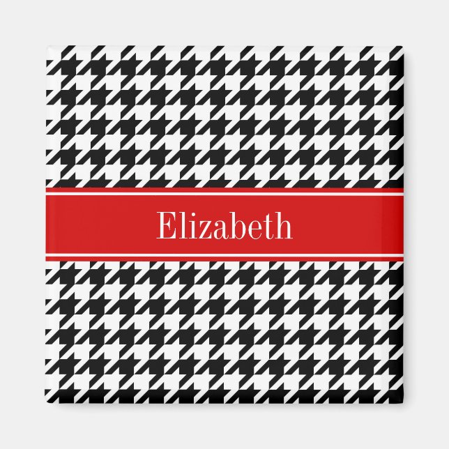 Black White Houndstooth Red Namn Monogram Magnet (Framsidan)