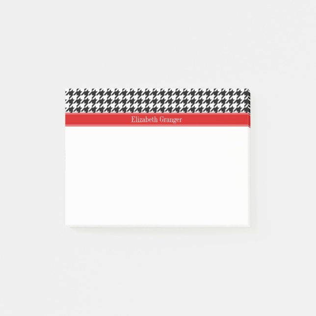 Black White Houndstooth Red Namn Monogram Post-it Block (Framsida)