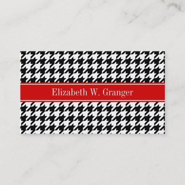 Black White Houndstooth Red Namn Monogram Visitkort (Framsida)