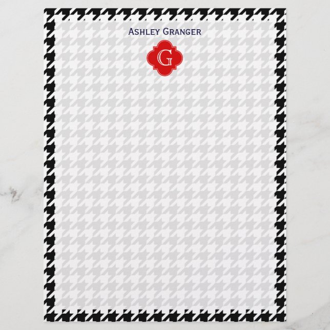 Black White Houndstooth Red Quatrefoil Monogram (Framsida)