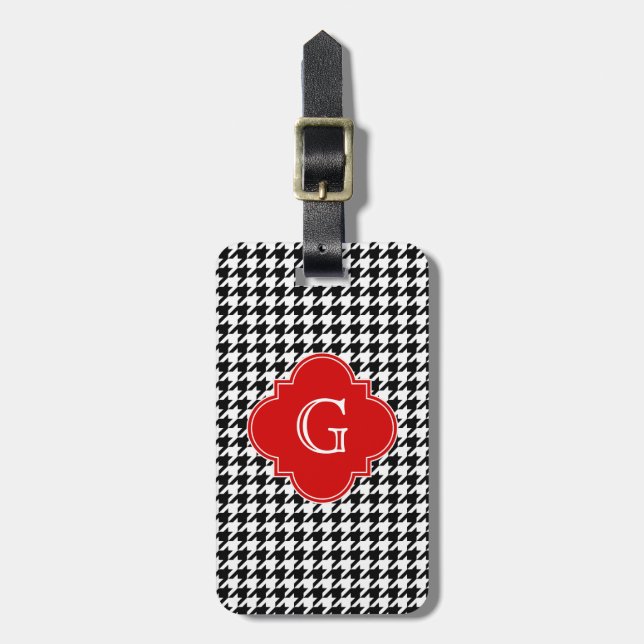 Black White Houndstooth Red Quatrefoil Monogram Bagagebricka (Vertikal Framsida)
