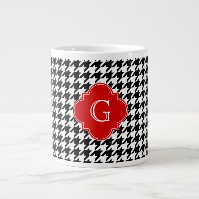 Black White Houndstooth Red Quatrefoil Monogram Jumbo Mugg (Framsidan)