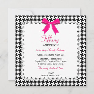 Black & White Houndstooth Rosa Bow Snöre Sweet 16 Inbjudningar