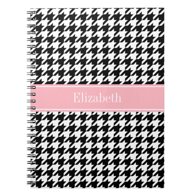 Black White Houndstooth Rosa Namn Monogram Anteckningsbok (Framsidan)