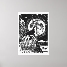 Black & White Howling Husky at Night Linocut Canvastryck