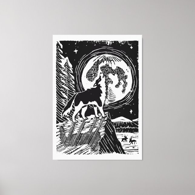 Black & White Howling Husky at Night Linocut Canvastryck (Framsida)