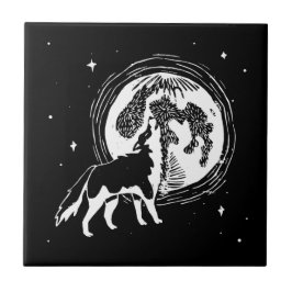 Black & White Howling Husky Måne Linocut Kakelplatta